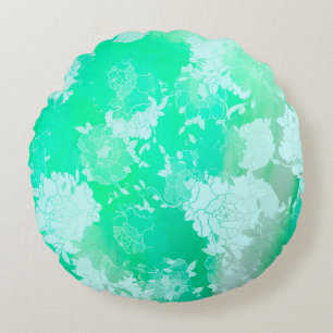 Japanese flowers green patterns round pillow