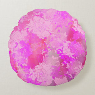 Japanese flowers pink patterns round pillow