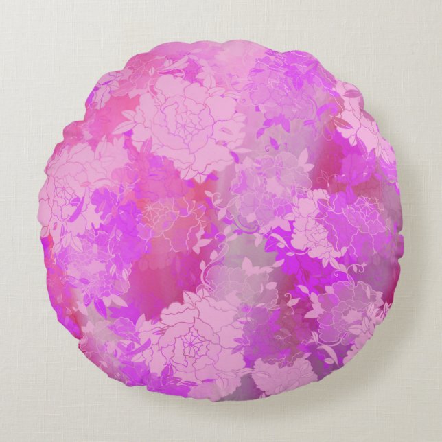 Japanese flowers pink patterns round pillow (Front)