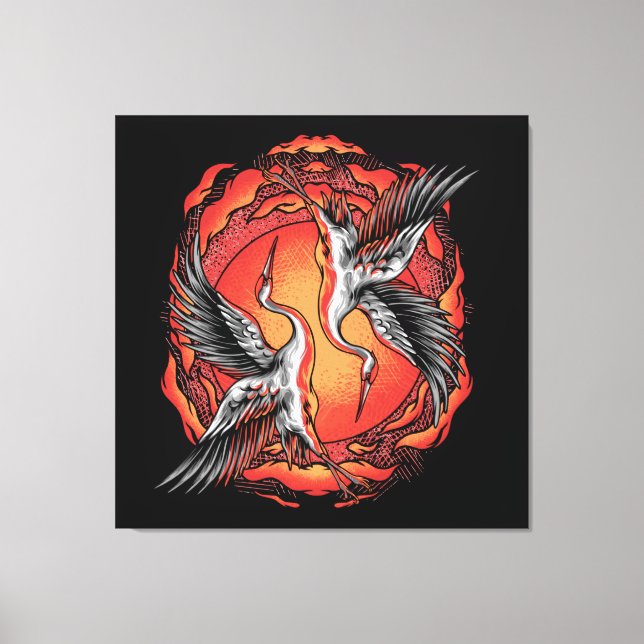 Japanese Flying Battle Cranes Asian Art Canvas Print (Front)