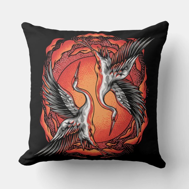 Japanese Flying Battle Cranes Asian Art Throw Pillow (Front)