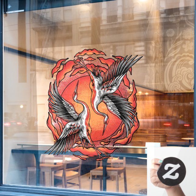 Japanese Flying Battle Cranes Restaurant Accent  Window Cling (Cafe Window)