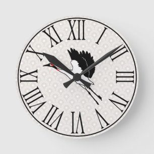 Japanese Flying Crane & Taupe Scallops Round Clock