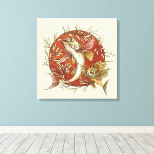 Japanese Flying Fish and Bamboo Leaves Vintage Art Canvas Print