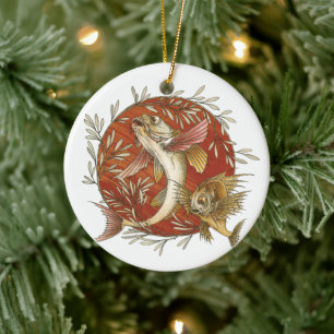 Japanese Flying Fish and Bamboo Leaves Vintage Art Ceramic Ornament