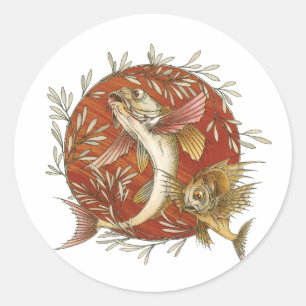 Japanese Flying Fish and Bamboo Leaves Vintage Art Classic Round Sticker