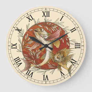 Japanese Flying Fish and Bamboo Leaves Vintage Art Large Clock
