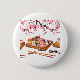 Japanese food sushi and blooming sakura 2 inch round button