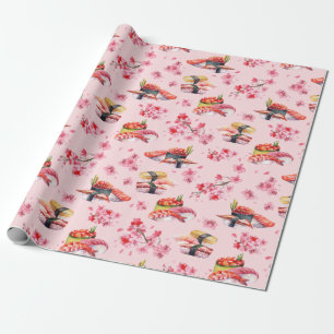 Japanese food sushi and blooming sakura wrapping paper