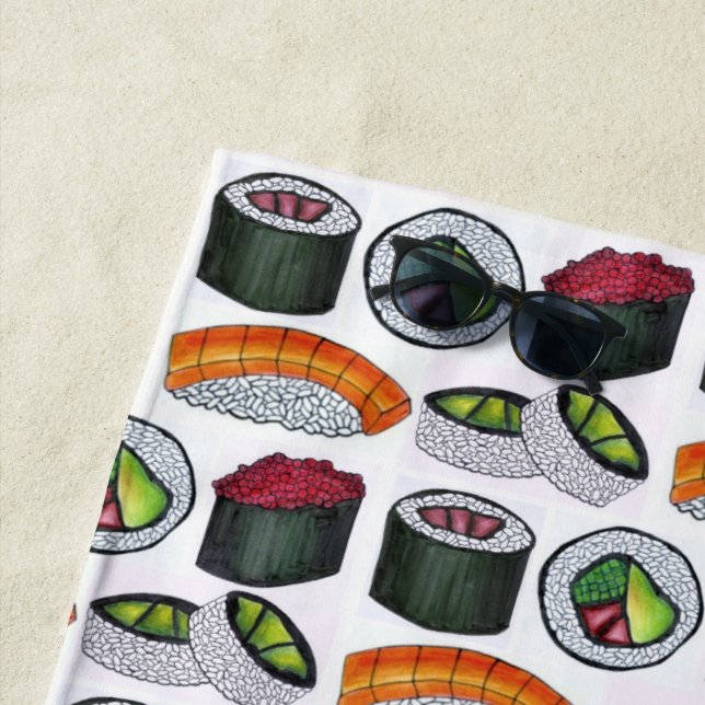 Japanese Food Sushi Maki Rolls Salmon Nigri Tuna Beach Towel (In Situ)