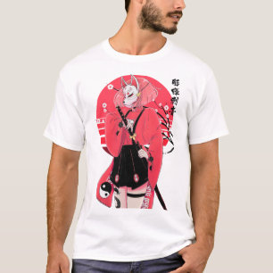Japanese Fox Mask Girl Urban Vaporwave Style  T-Shirt