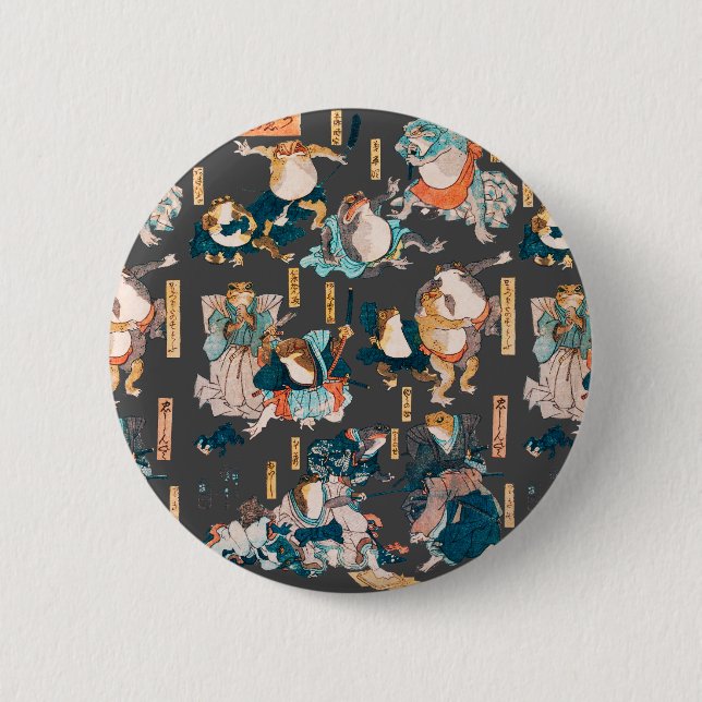Japanese Frog ukiyo-e Froggies 2 Inch Round Button (Front)
