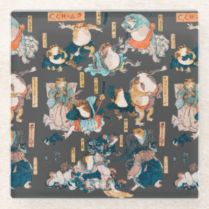 Japanese Frog ukiyo-e Froggies Glass Coaster
