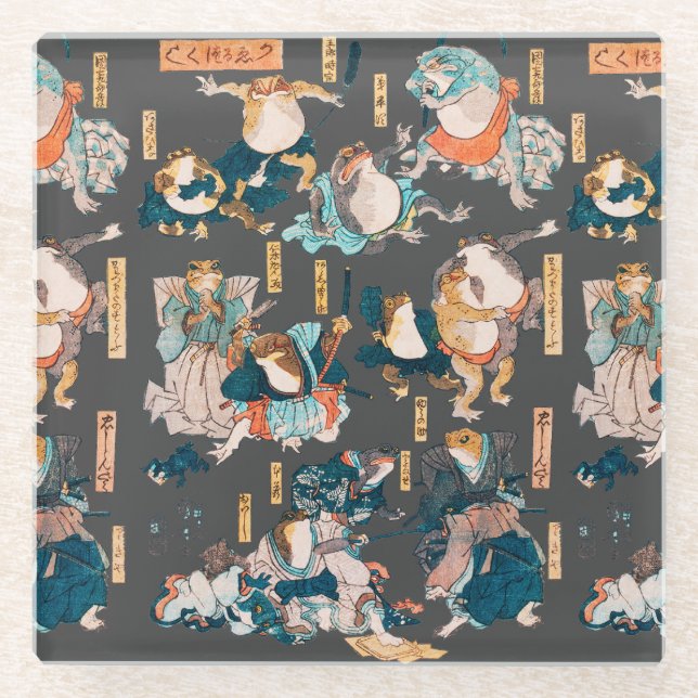 Japanese Frog ukiyo-e Froggies Glass Coaster (Front)
