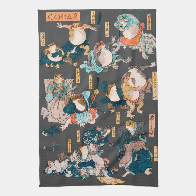 Japanese Frog ukiyo-e Froggies Kitchen Towel (Vertical)