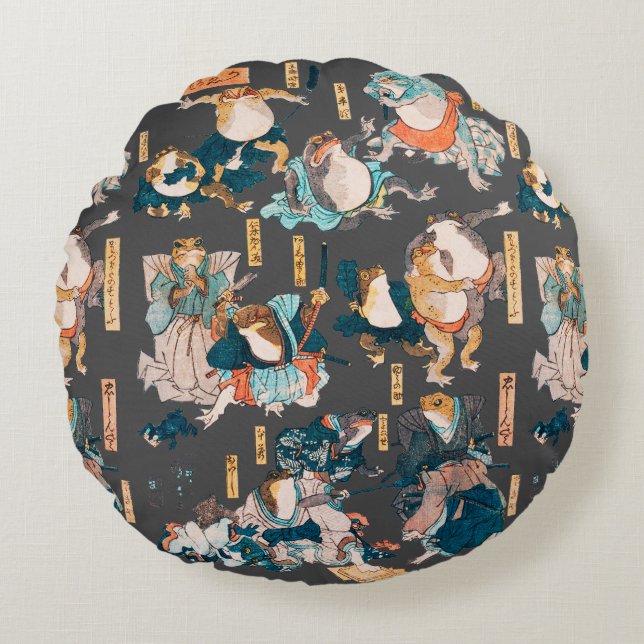 Japanese Frog ukiyo-e Froggies Round Pillow (Front)