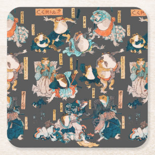 Japanese Frog ukiyo-e Froggies Square Paper Coaster