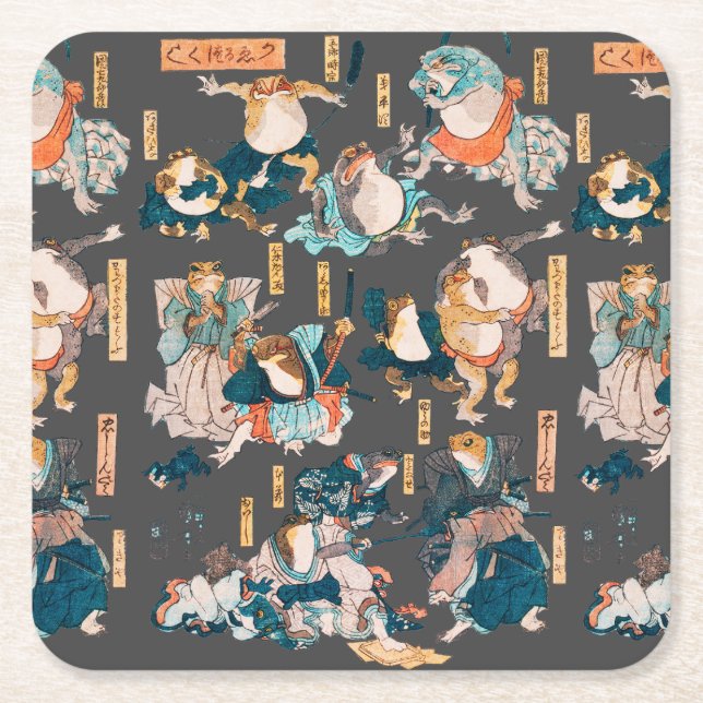 Japanese Frog ukiyo-e Froggies Square Paper Coaster (Front)