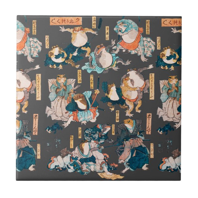 Japanese Frog ukiyo-e Froggies Tile (Front)