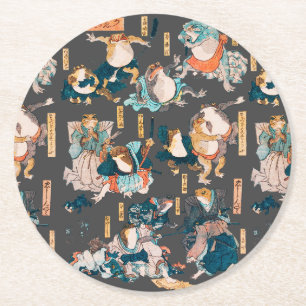 Japanese Frog Woodblock Print Kuniyoshi Ukiyo-e Round Paper Coaster