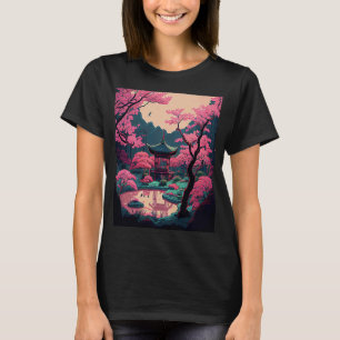 Japanese garden Cherry Blossom bridge shrine pink T-Shirt
