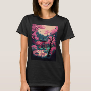 Japanese garden Cherry Blossom bridge shrine pink  T-Shirt
