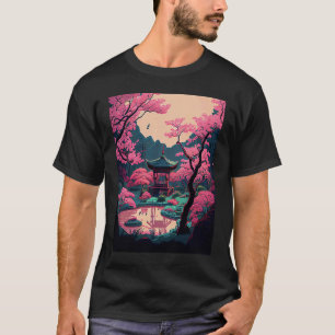 Japanese garden Cherry Blossom bridge shrine pink T-Shirt