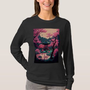 Japanese garden Cherry Blossom bridge shrine pink T-Shirt