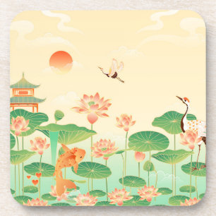 Japanese Garden Koi Pond and Waterlilies Art Coaster