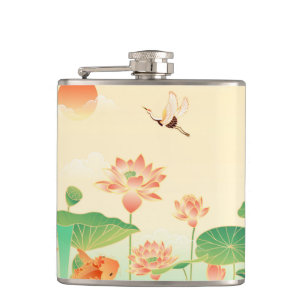 Japanese Garden Koi Pond and Waterlilies Art Hip Flask