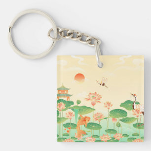 Japanese Garden Koi Pond and Waterlilies Art Keychain