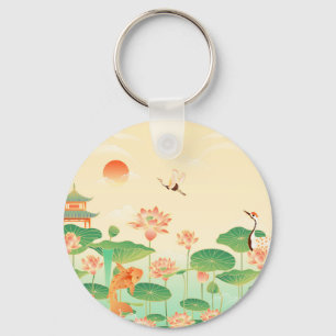 Japanese Garden Koi Pond and Waterlilies Art Keychain