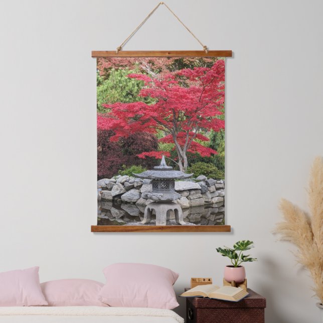 Japanese Garden Lantern and Red Maple Leaves Hanging Tapestry (Bedroom)