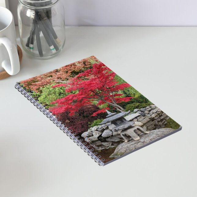 Japanese Garden Lantern and Red Maple Leaves Notebook (In Situ)