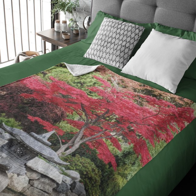 Japanese Garden Lantern and Red Maple Leaves Sherpa Blanket (In Situ Bed)