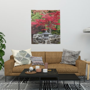 Japanese Garden Lantern and Red Maple Leaves Tapestry