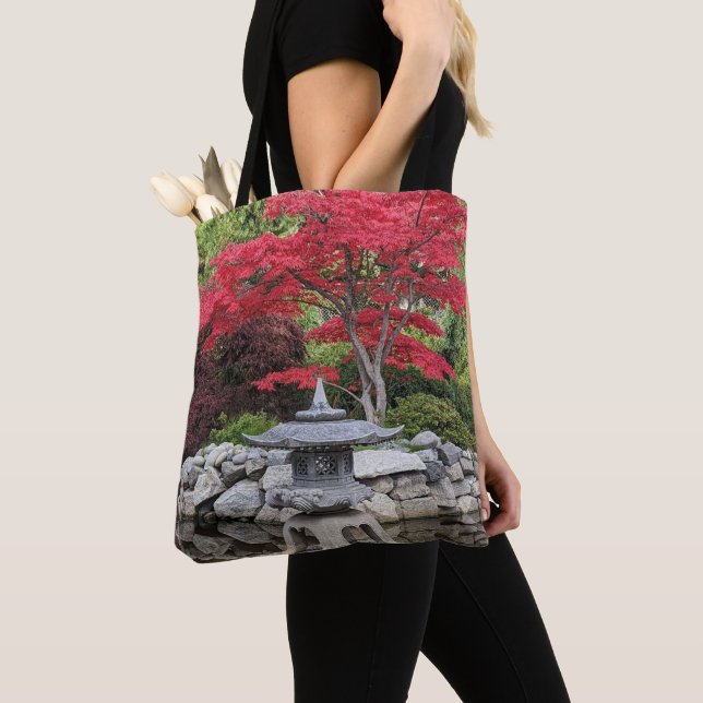 Japanese Garden Lantern and Red Maple Leaves Tote Bag (Close Up)