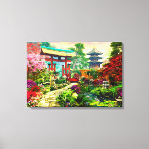 Japanese Garden Pagoda Sakura And Waterfall Canvas Print