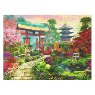 Japanese Garden Pagoda Sakura And Waterfall Tablecloth