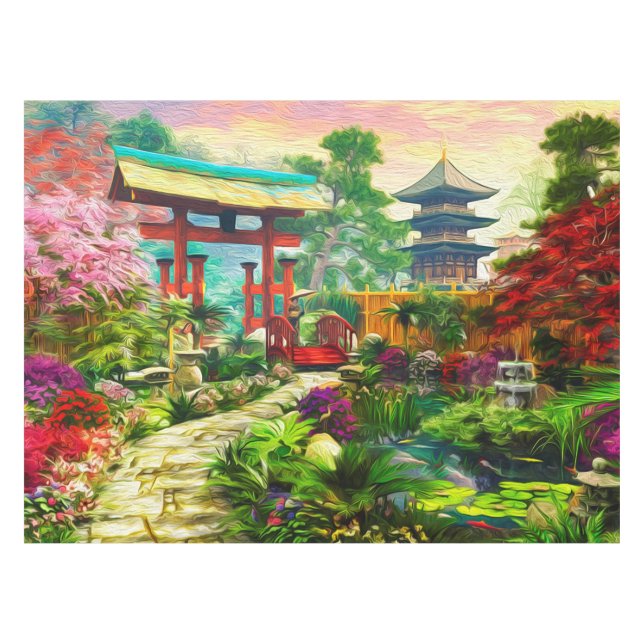 Japanese Garden Pagoda Sakura And Waterfall Tablecloth (Front (Horizontal))