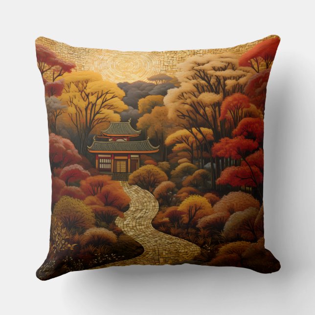 Japanese Garden Path with Blossoming Cherry Trees Throw Pillow (Back)