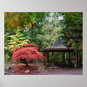 Japanese Garden Pavilion and Autumn Leaves Photo Poster