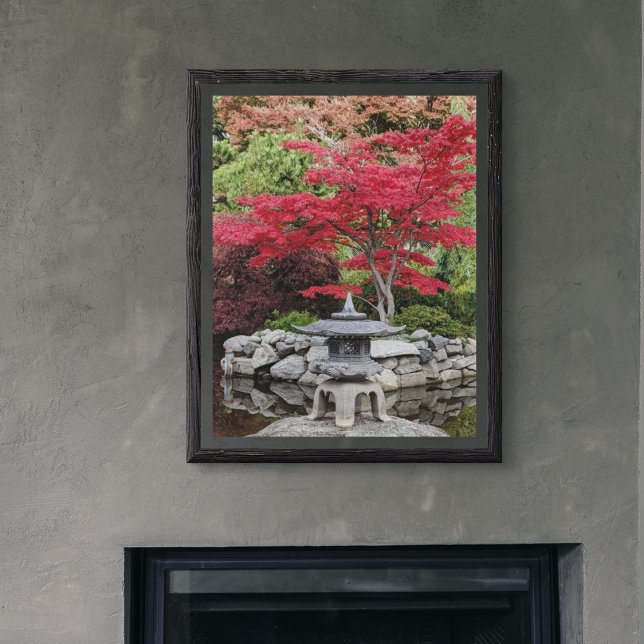 Japanese Garden Pond Lantern and Red Leaves Glossy Poster (In Situ)