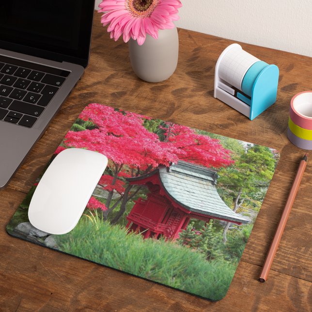 Japanese Garden Shrine and Red Maple Leaves Mouse Pad (In Situ)