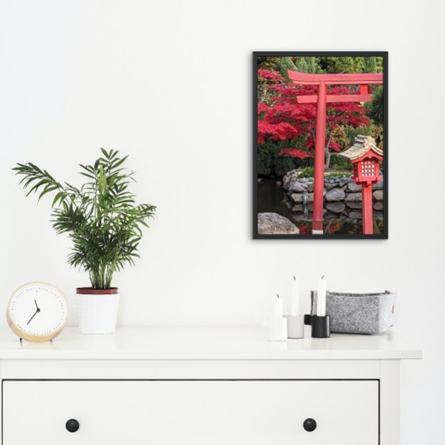 Japanese Garden Structures and Red Maple Leaves Photo Print (In Situ)