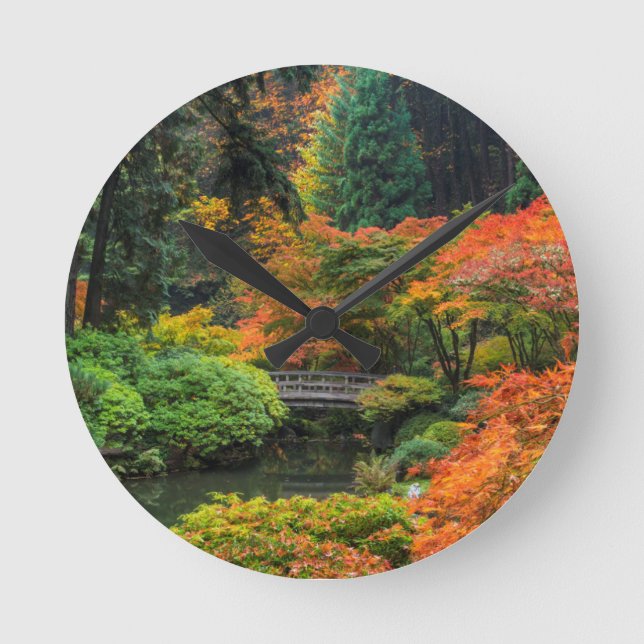 Japanese Gardens In Autumn In Portland, Oregon 5 Round Clock (Front)