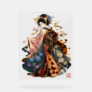 Japanese Geisha Art   Kimono and Seasonal Flowers Acrylic Sign