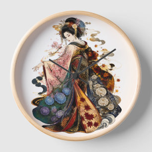 Japanese Geisha Art   Kimono and Seasonal Flowers Clock