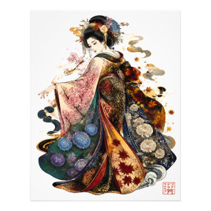 Japanese Geisha Art Kimono and Seasonal Flowers Photo Print