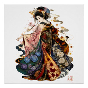 Japanese Geisha Art Kimono and Seasonal Flowers Poster